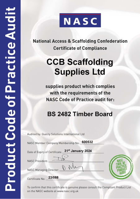 NASC compliant product certificate - BS 2482 Timber Board supplied product 