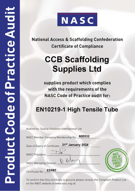 NASC compliant product certificate - EN10219-1 HT Tube supplied product