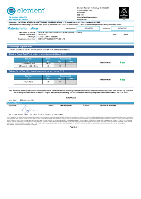 Report 753489 (NASC 779) - Nanjing Guhua manufactured EN74-1A Pressed Swivel Couplers (September 2023)